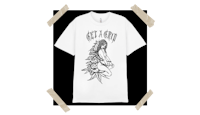 a white t - shirt with a drawing of a woman on it